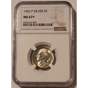 1942 P Jefferson Silver Nickel Unc MS67+ NGC